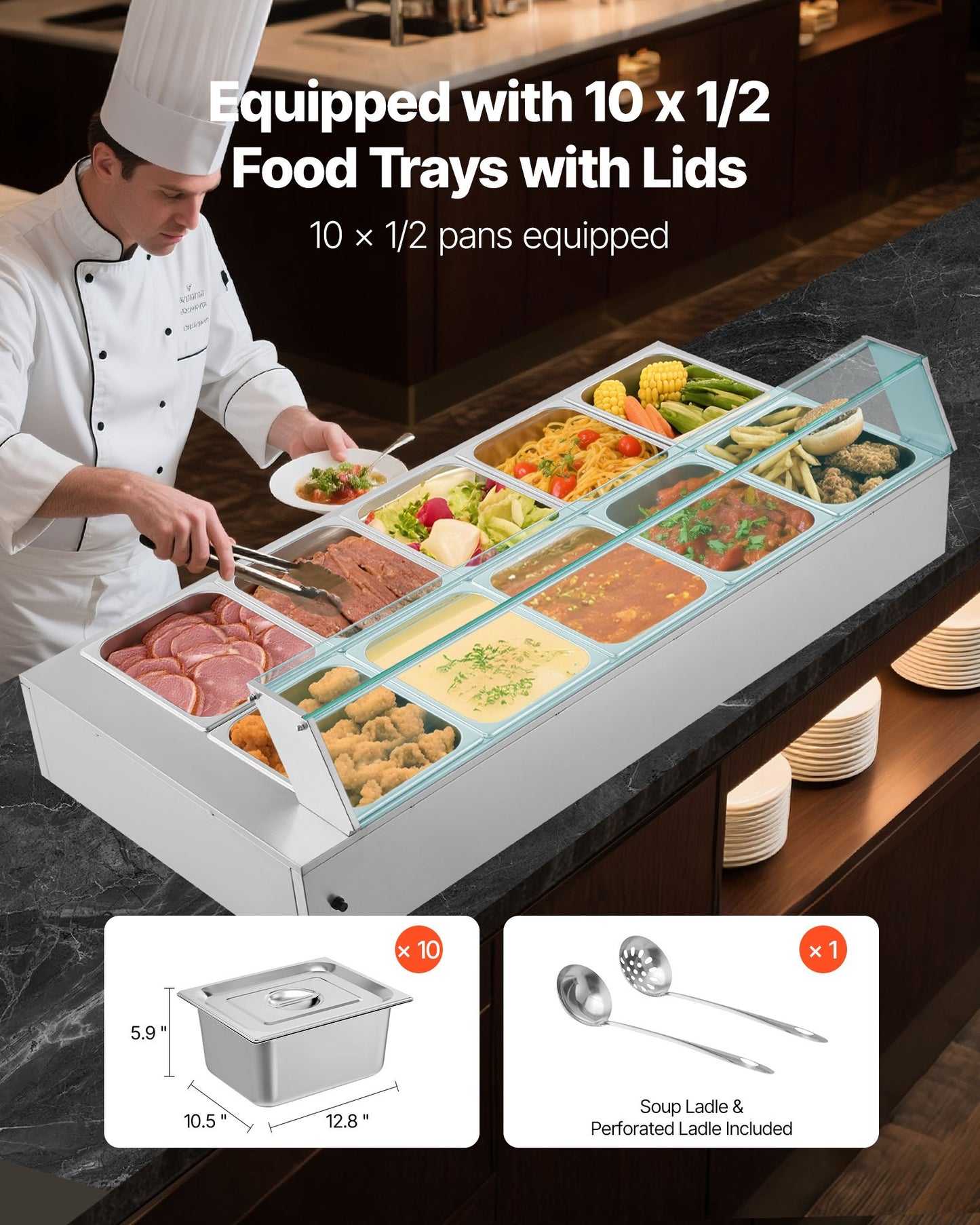 1700W Electric Stainless Steel Steam Food Warmer with Glass Cover