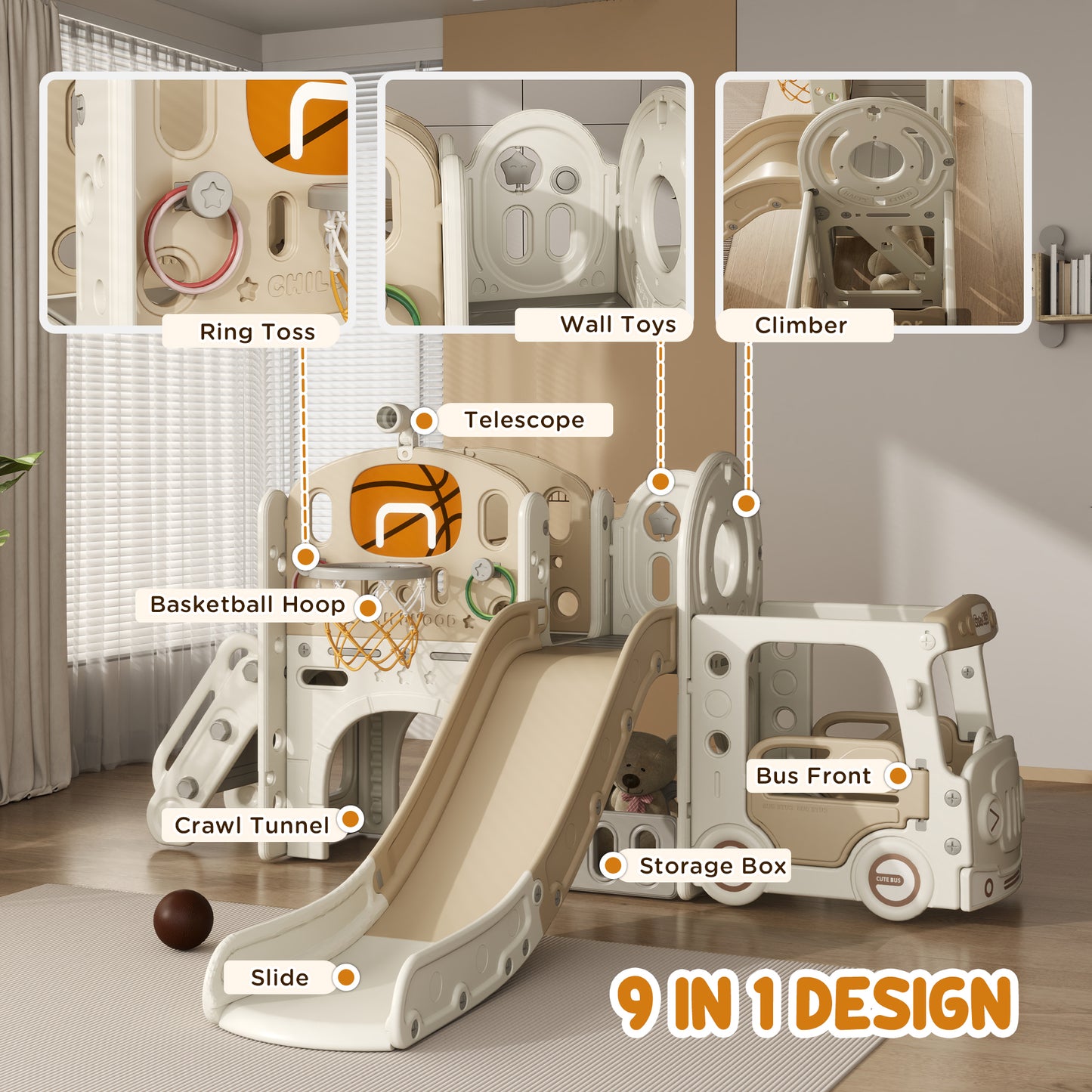 9 In 1 Toddler Slide with Bus Front, Basketball Hoop, Climber, Storage Space, & Ring Toss