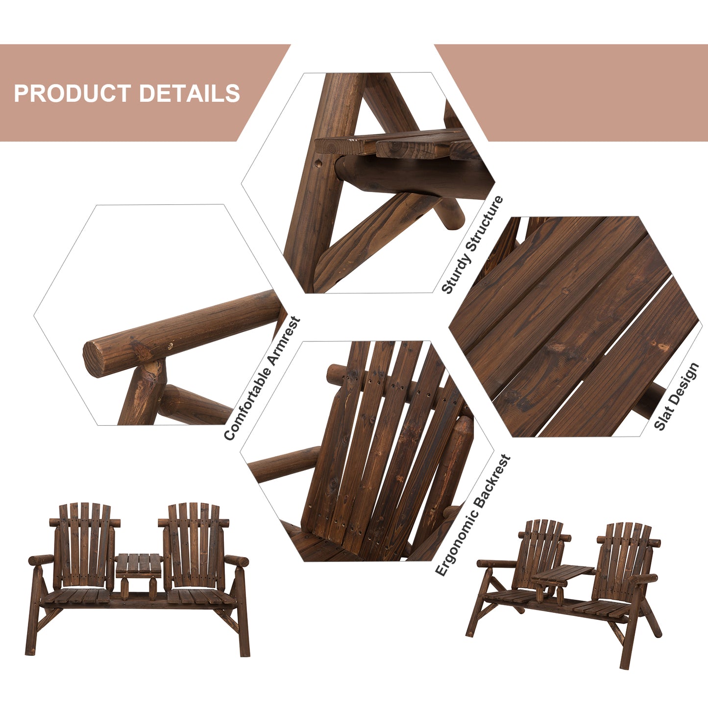 Wood Adirondack Patio Chair Bench with Center Coffee Table