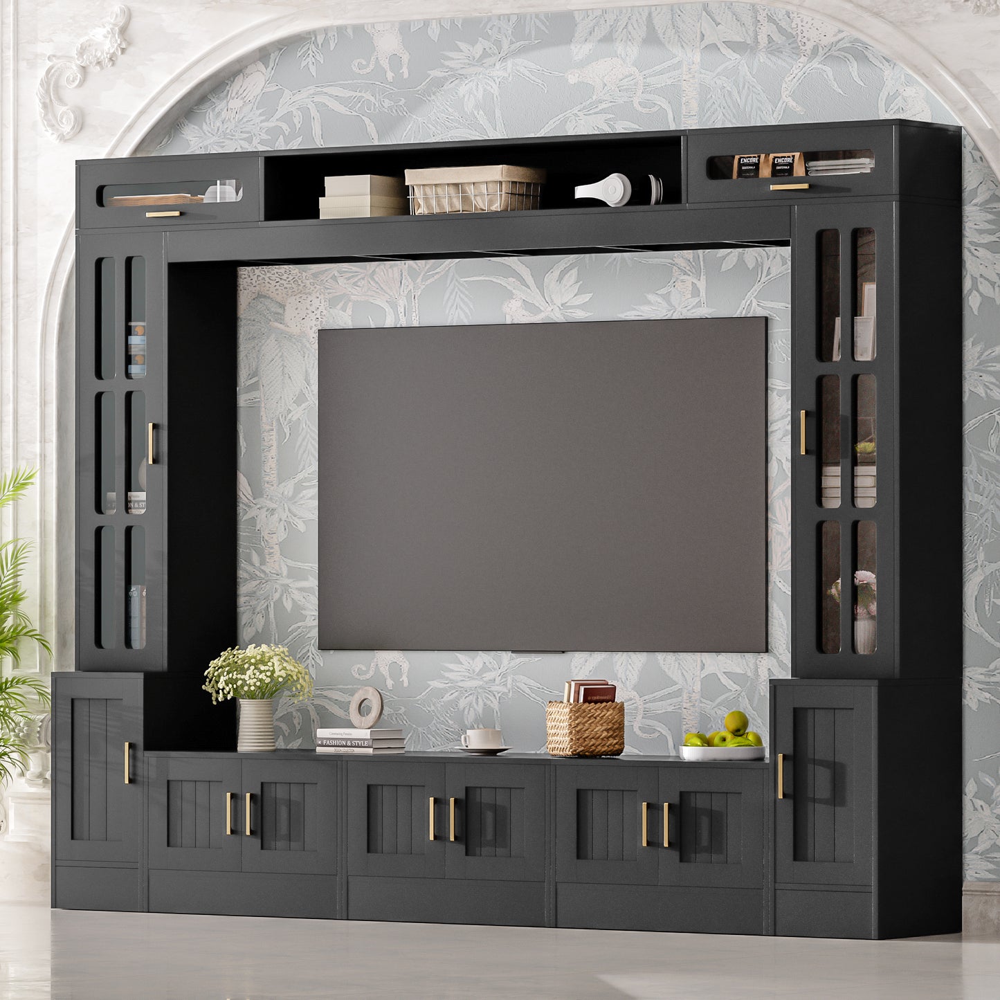 98.4" W Wall Unit Entertainment Center with Bookshelves