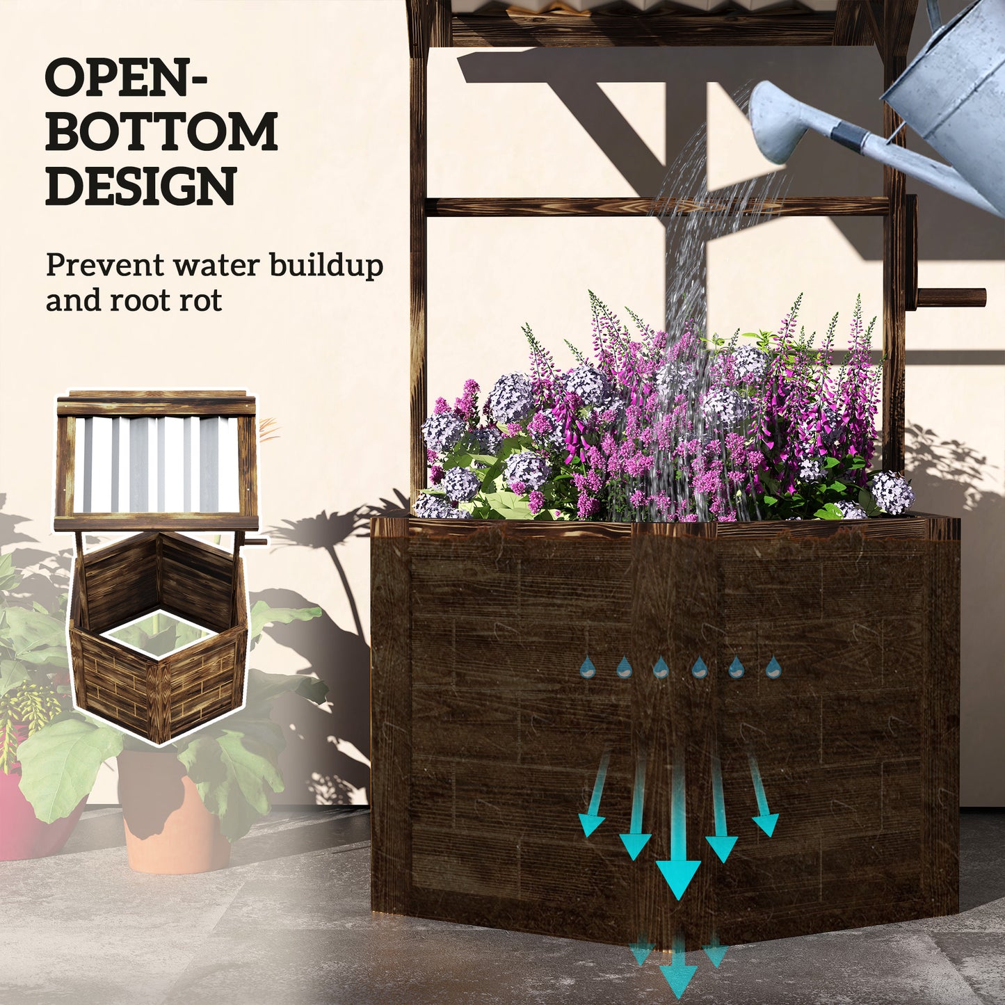 Wooden Wishing Well Planter, Raised Garden Bed with Galvanized Canopy