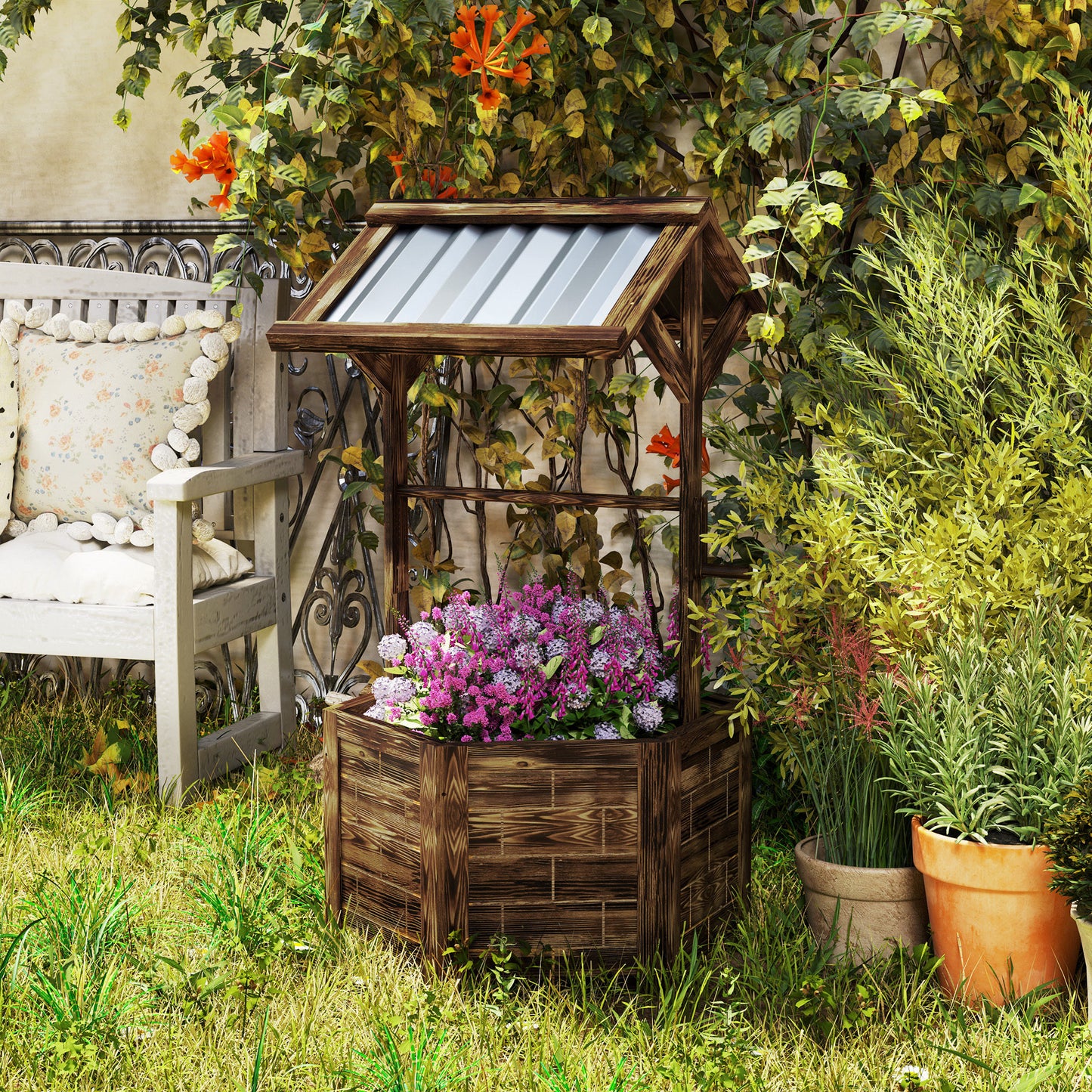 Wooden Wishing Well Planter, Raised Garden Bed with Galvanized Canopy