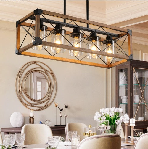 32 Inch Walnut Industrial Farmhouse Rectangle 5-Light Chandelier