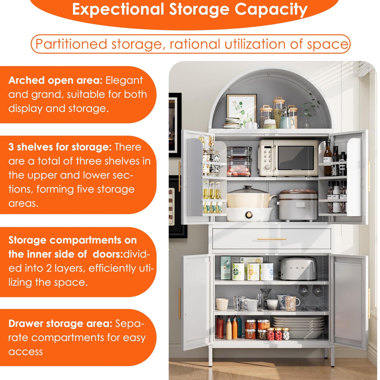 Metal Arched Kitchen Pantry Cabinet with Adjustable Shelves and Drawer