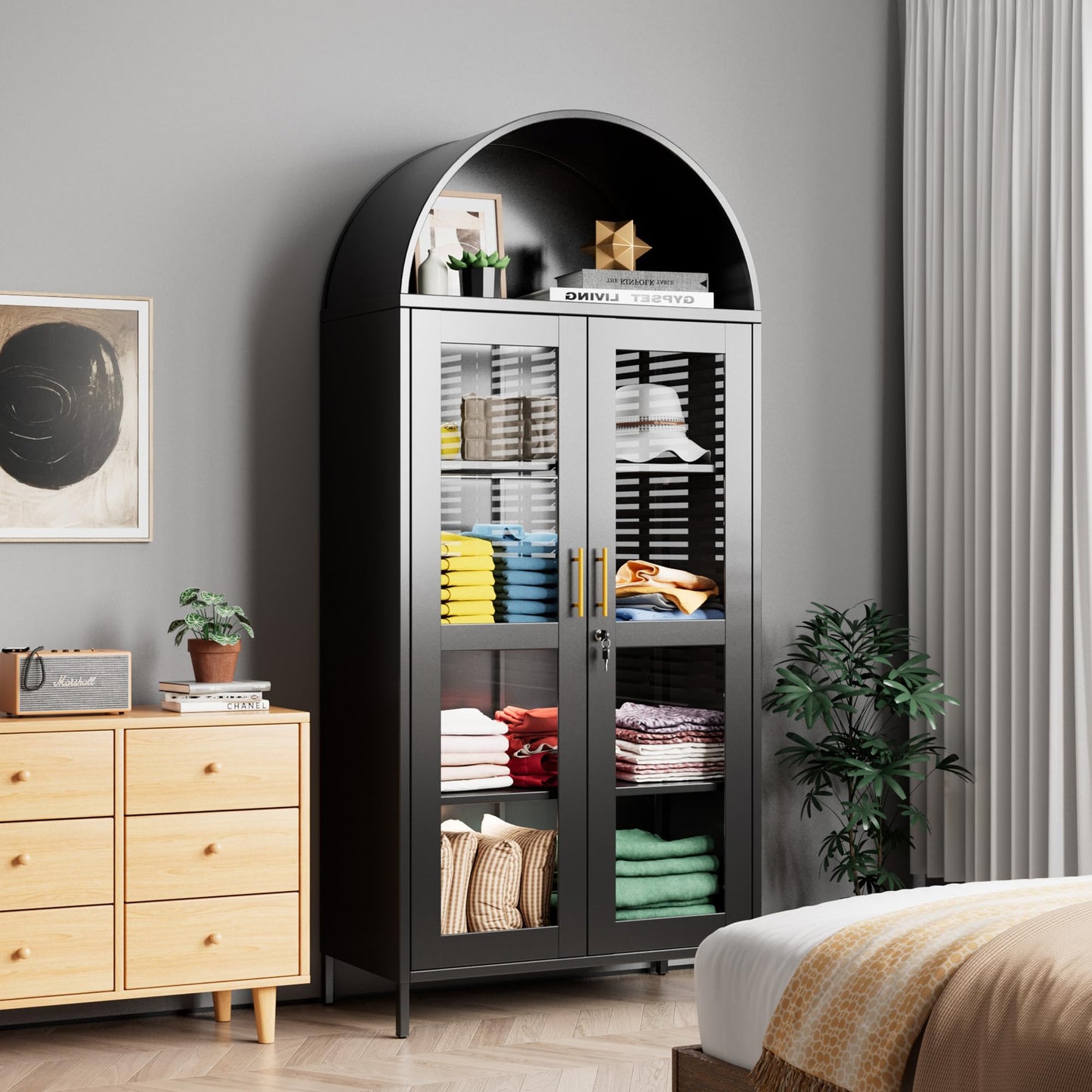 78.74inch Tall Metal Arched Cabinet with Lock and LED Light Strip
