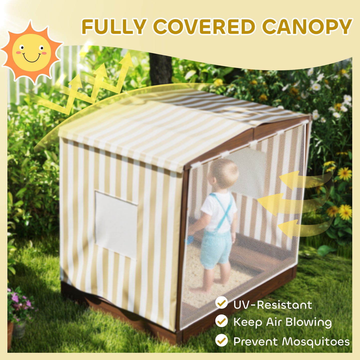 Kids Wooden Sandbox With Canopy Fully Covered, 2 Bench Seats, Bottom Liner, 56 X 40 X 52, Brown