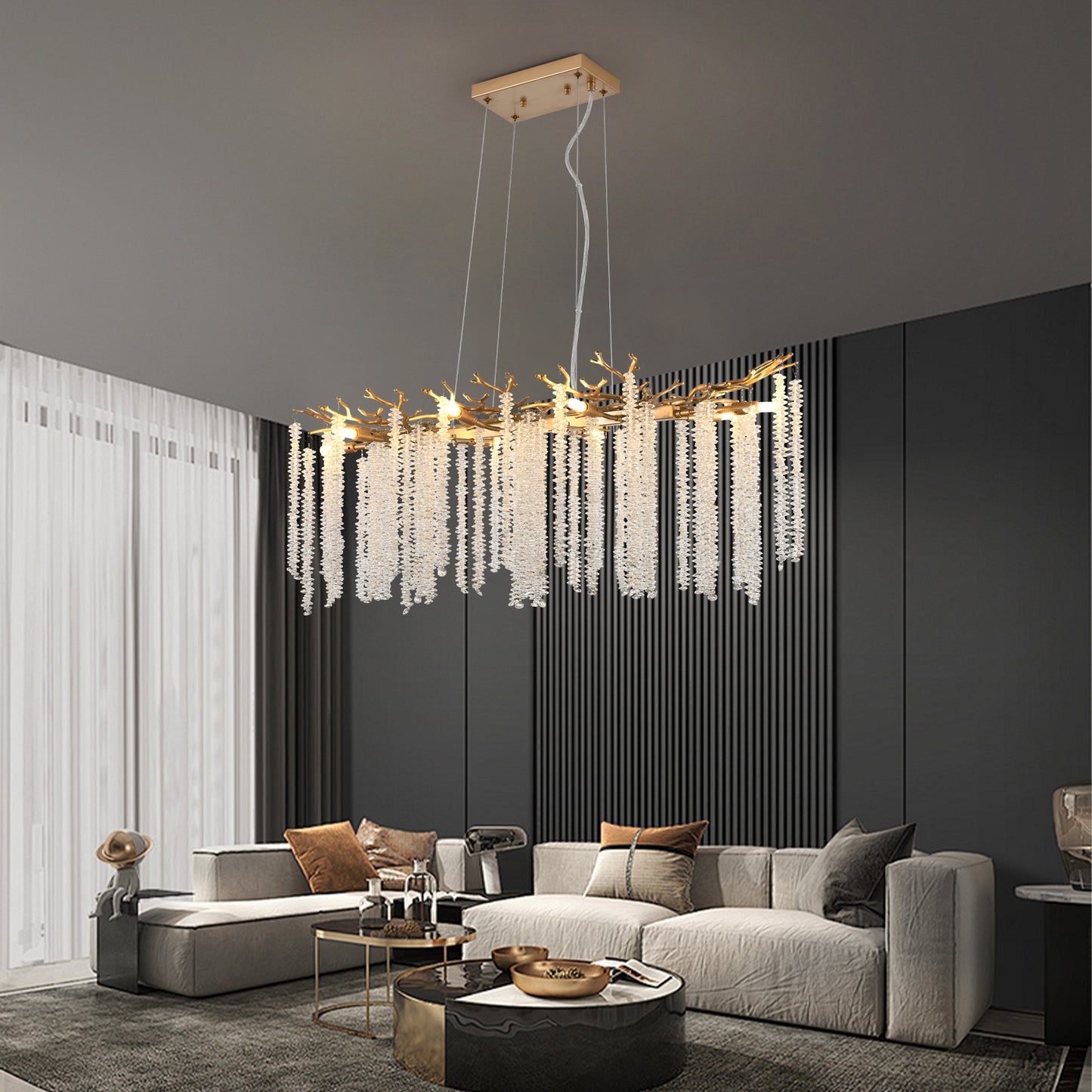 39-inch Modern Golden Pendant Light with Cascading Crystals