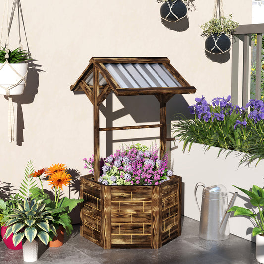 Wooden Wishing Well Planter, Raised Garden Bed with Galvanized Canopy