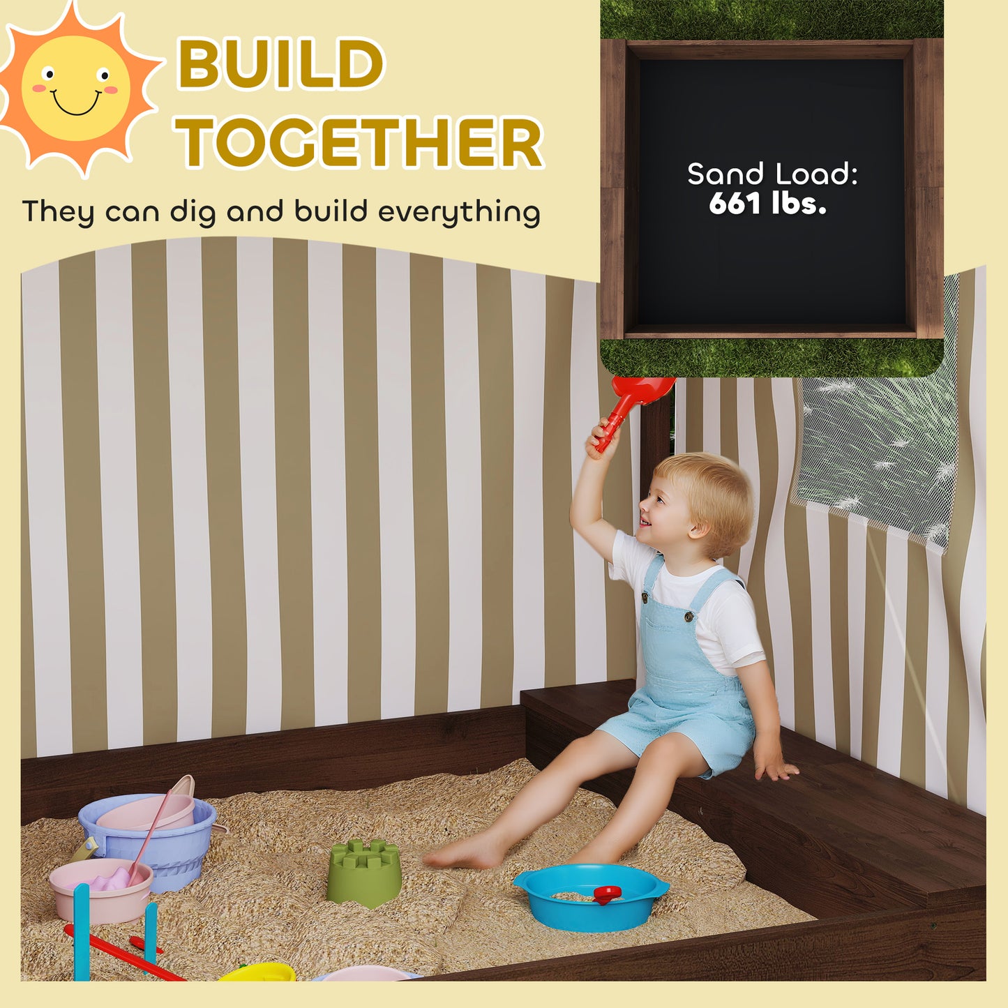 Kids Wooden Sandbox With Canopy Fully Covered, 2 Bench Seats, Bottom Liner, 56 X 40 X 52, Brown