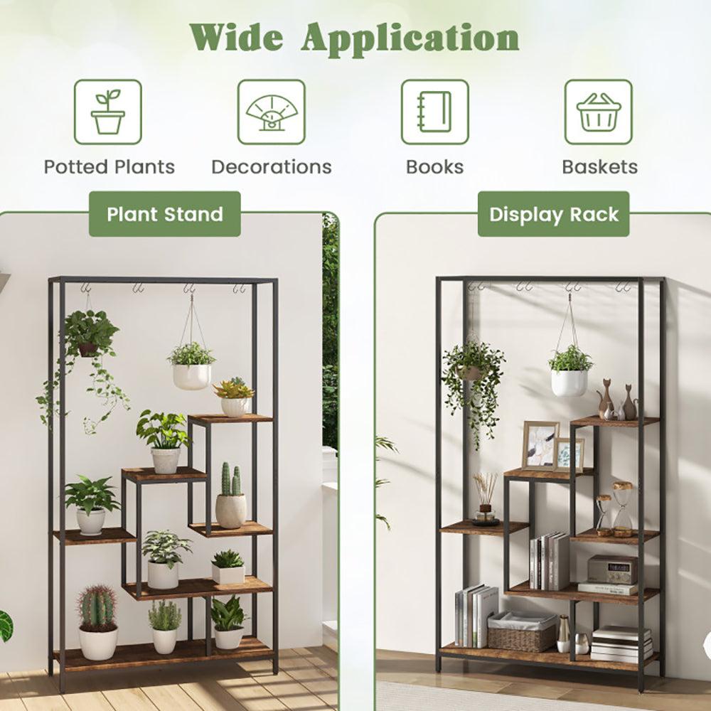 6-Tier Tall Plant Stand 71 Inch, Metal Indoor Plant Shelf With 10 Hanging Hooks