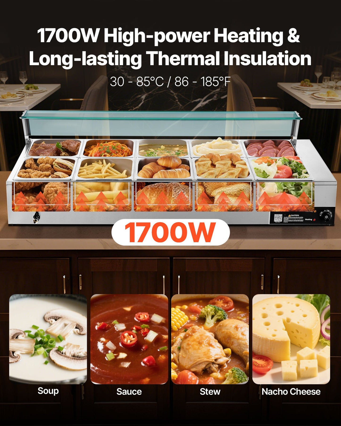 1700W Electric Stainless Steel Steam Food Warmer with Glass Cover
