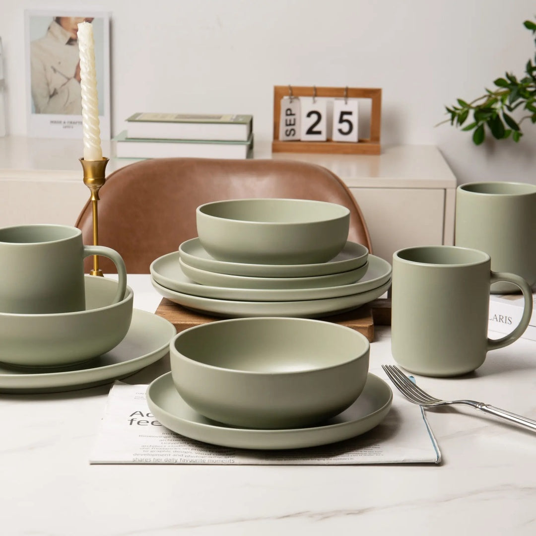 12-Piece Stoneware Dinner Plates Bowls Sets  Microwave  Dishwasher Safe  Non-Toxic Dinner Plates Bowls Set  Stackable Matte Glaze Kitchenware For 4